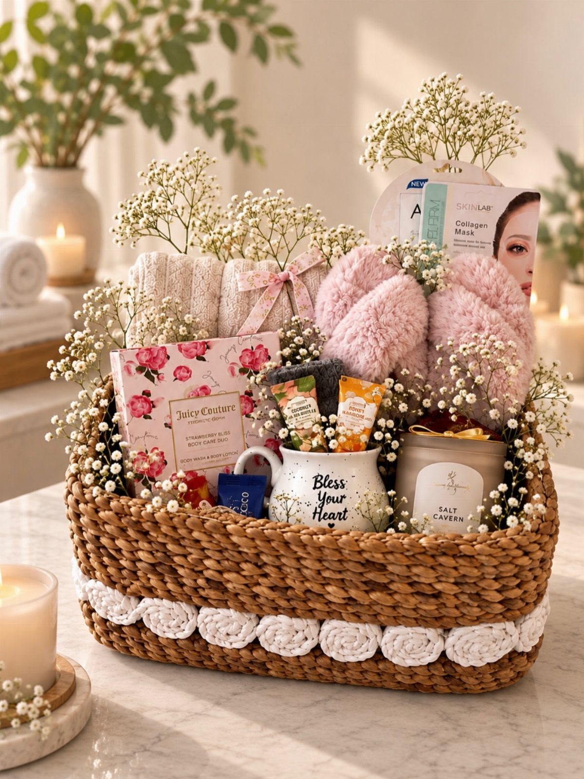 Woven gift basket containing a scented candle, pink slippers, and spa skincare products.