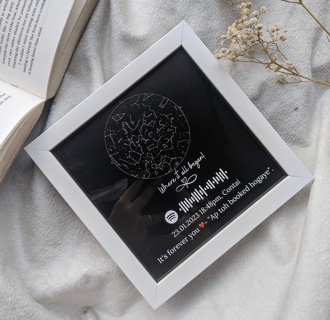 Framed star map with Spotify code and romantic text on white fabric.