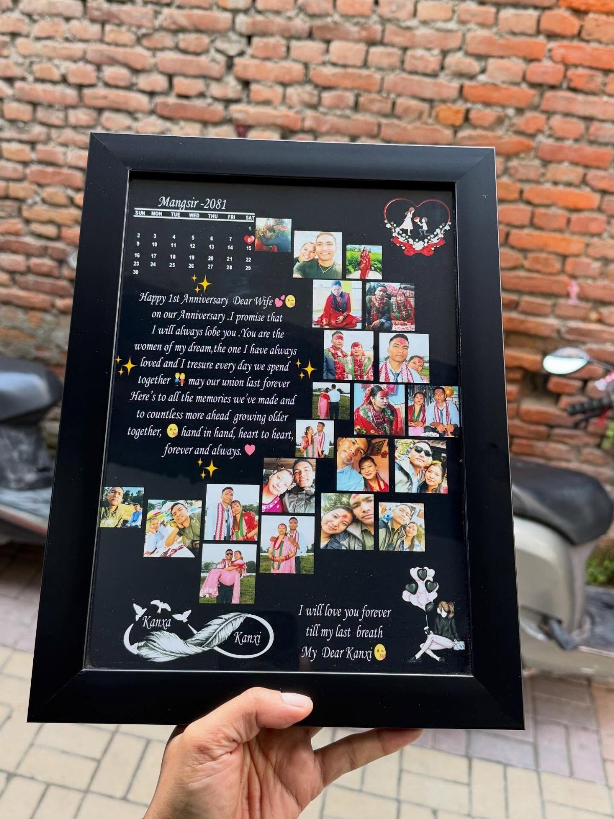 Black framed photo collage with couple pictures, a calendar, and romantic text.