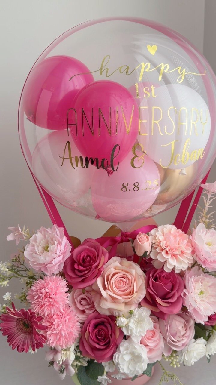 Clear balloon with pink balloons inside and anniversary text above a pink flower bouquet.