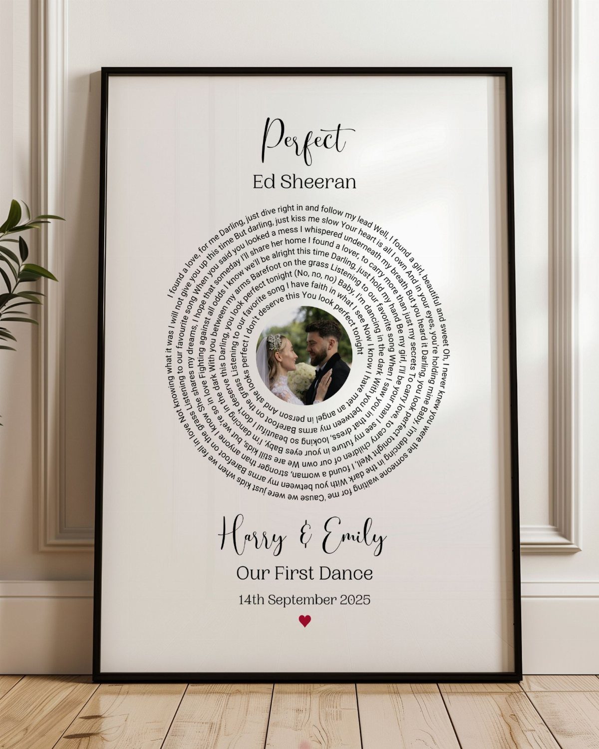 Framed song lyric print with a wedding photo and names for a first dance.