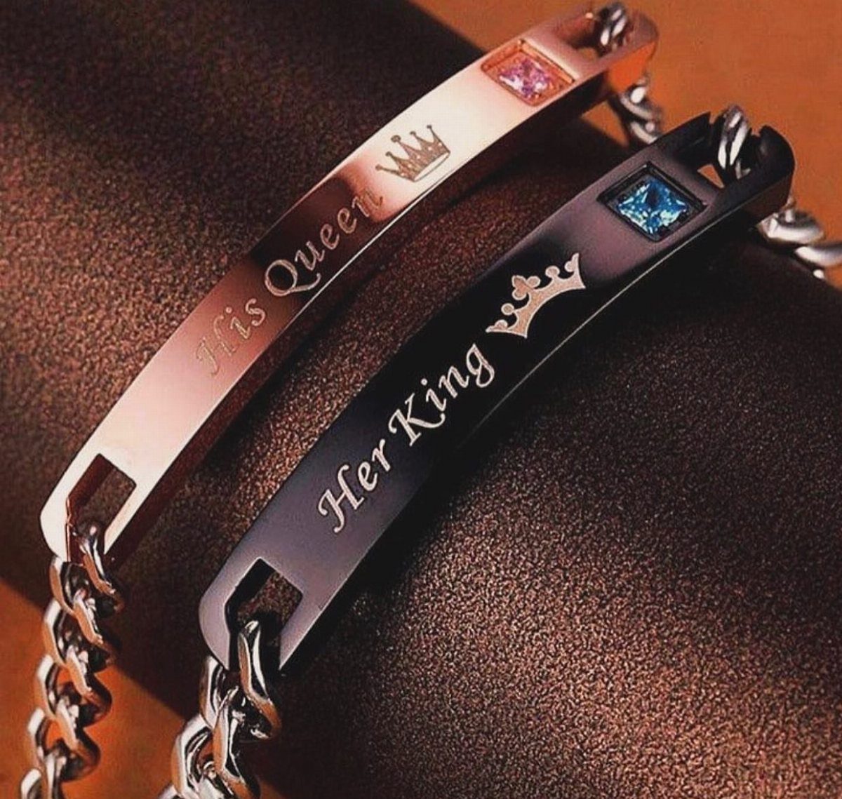 Matching rose gold and black bracelets engraved with His Queen and Her King.