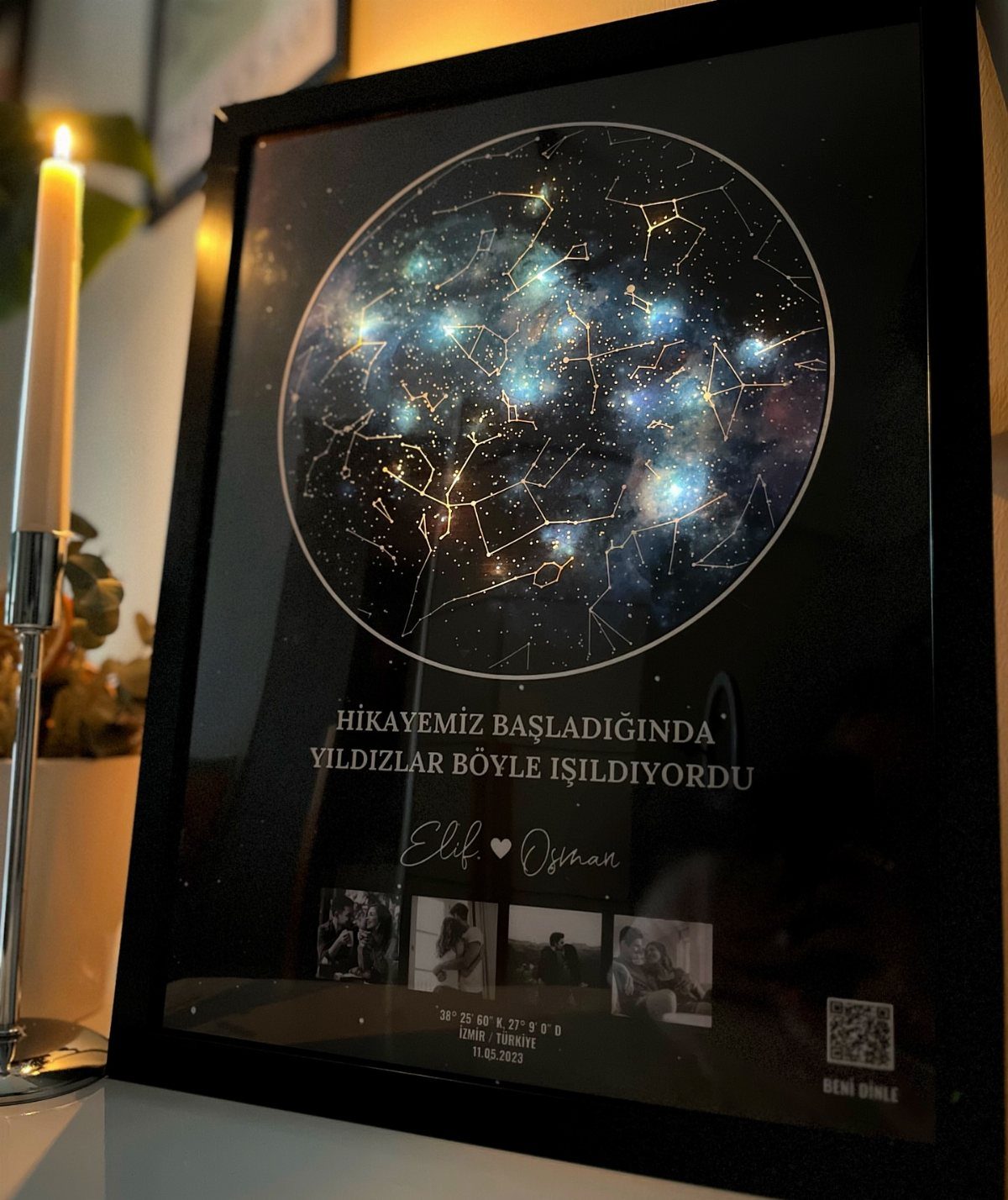 Framed personalized star map with constellations, Turkish text, and small couple photos.