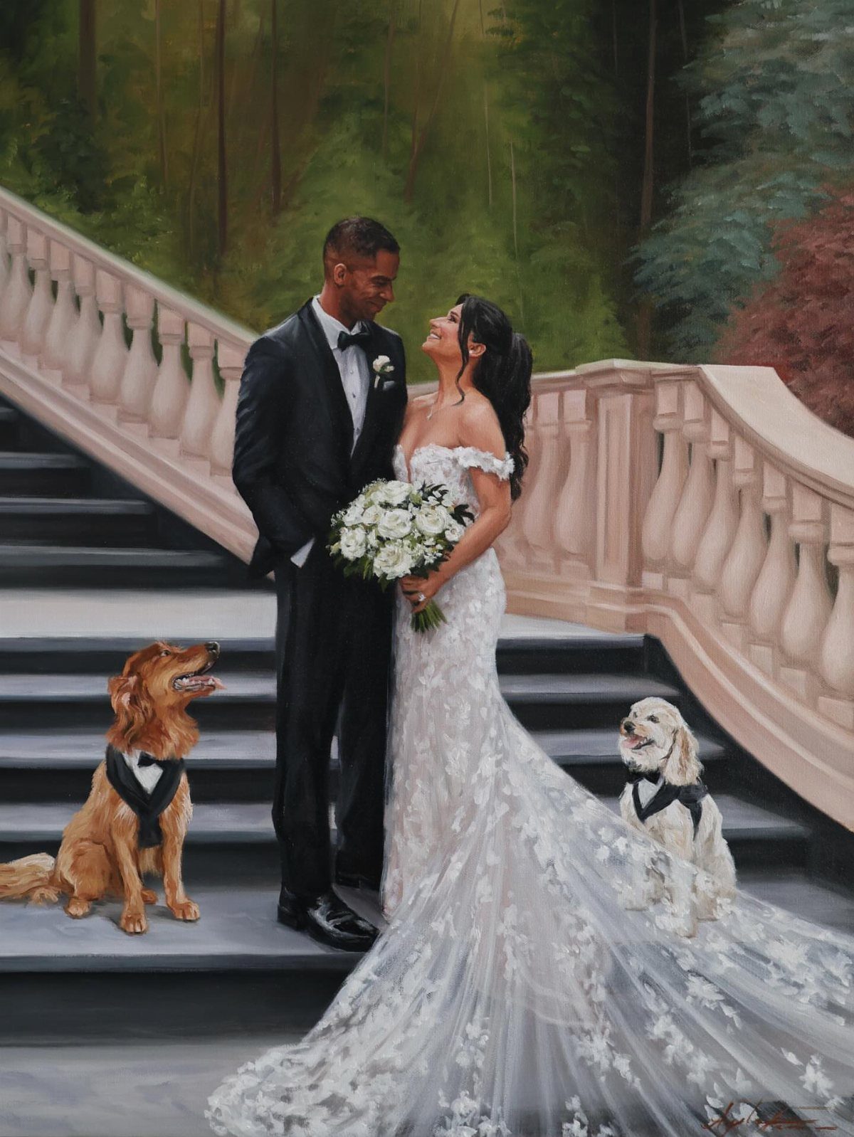 Painted portrait of a wedding couple and their two dogs on stone stairs.