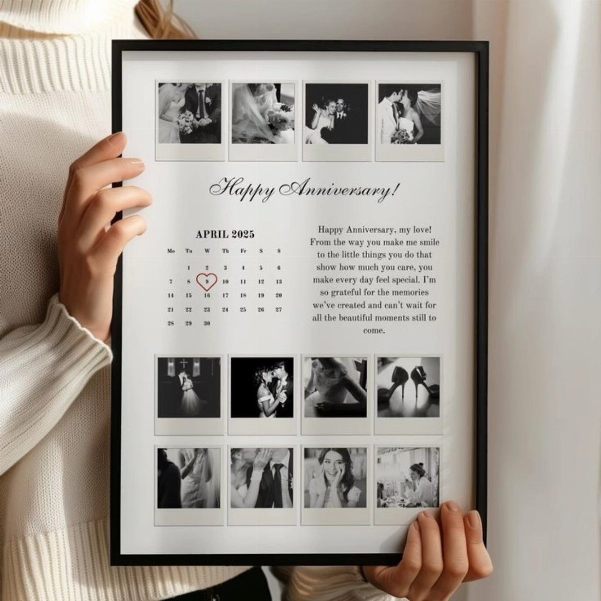Framed anniversary gift featuring wedding photos, a calendar, and a romantic message.