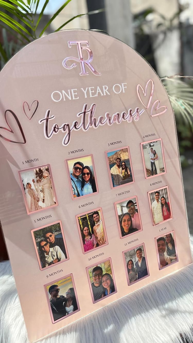 Arched acrylic plaque with couple photos celebrating one year of togetherness