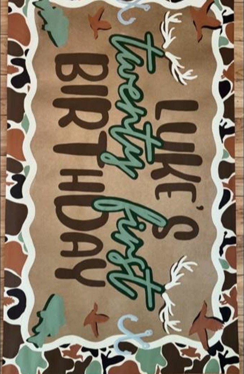 Hand-painted birthday banner for Luke's 21st with camouflage border and duck accents.
