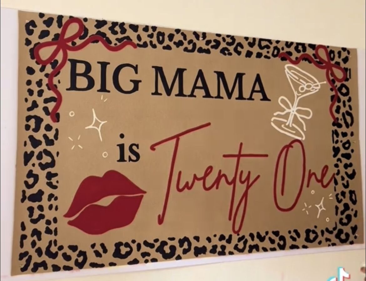 Birthday banner with leopard print border, red lips, and martini glass illustration.