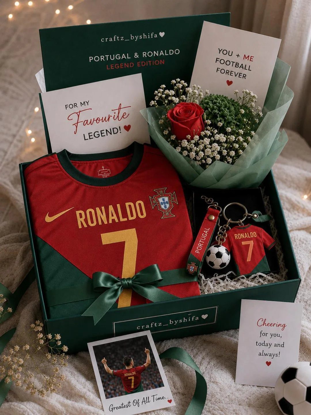 Football themed gift box with red Ronaldo jersey, red rose, and personalized notes.