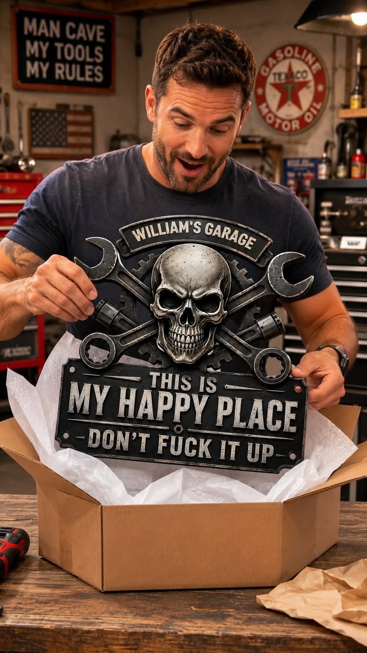 Man holding a personalized metal garage sign with a skull and wrenches.