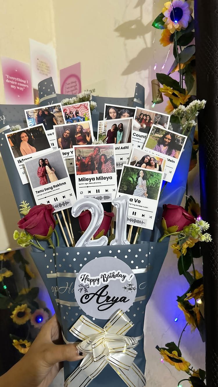 Birthday bouquet with polaroid photos, silver 21 balloons, and red roses for Arya.