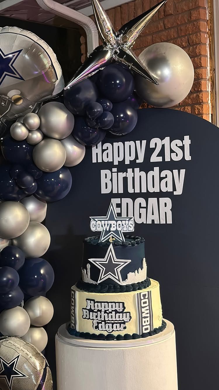 Dallas Cowboys themed 21st birthday cake with navy and silver balloon decorations