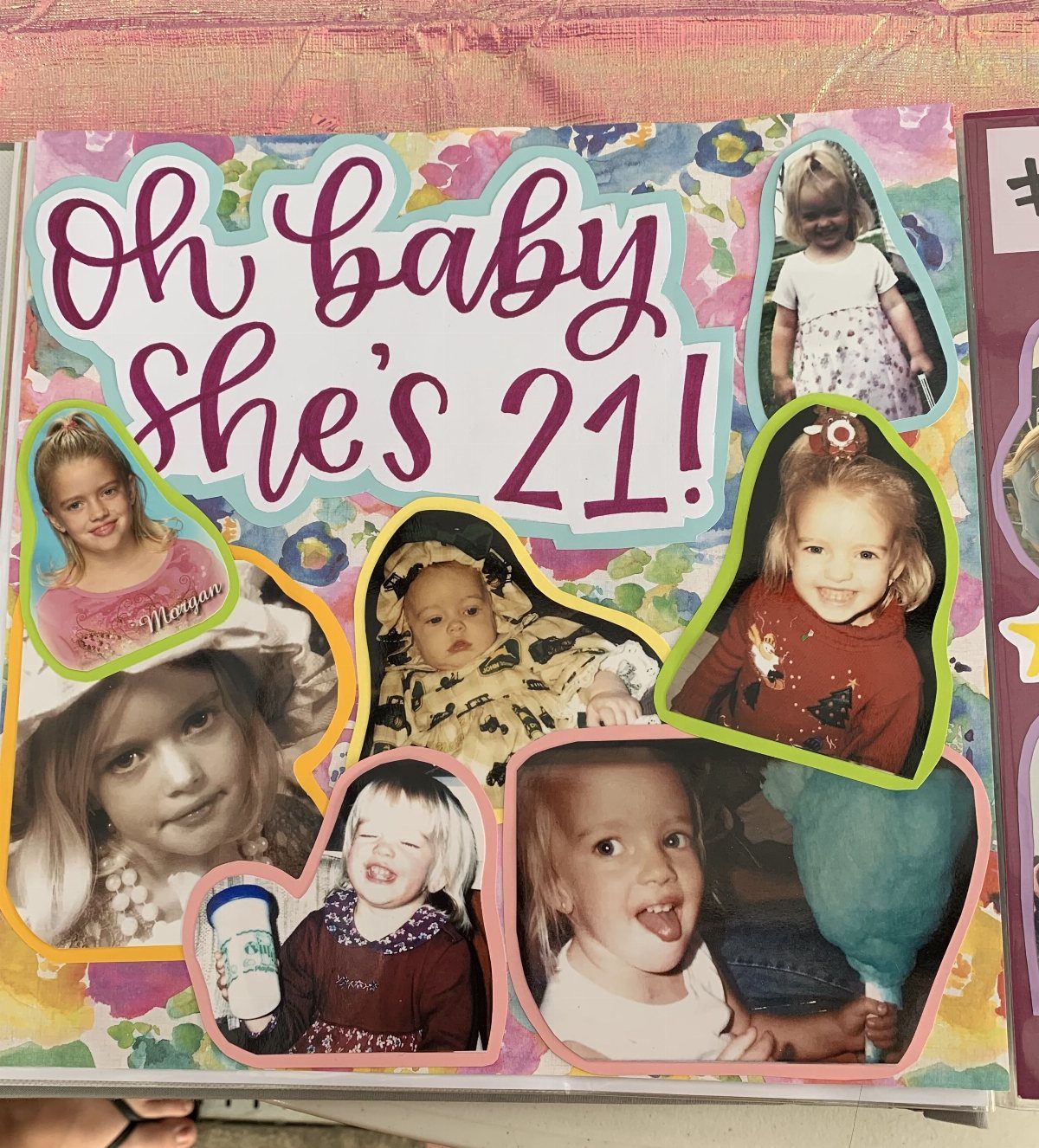 Scrapbook page with childhood photos and purple text saying Oh Baby She's 21!