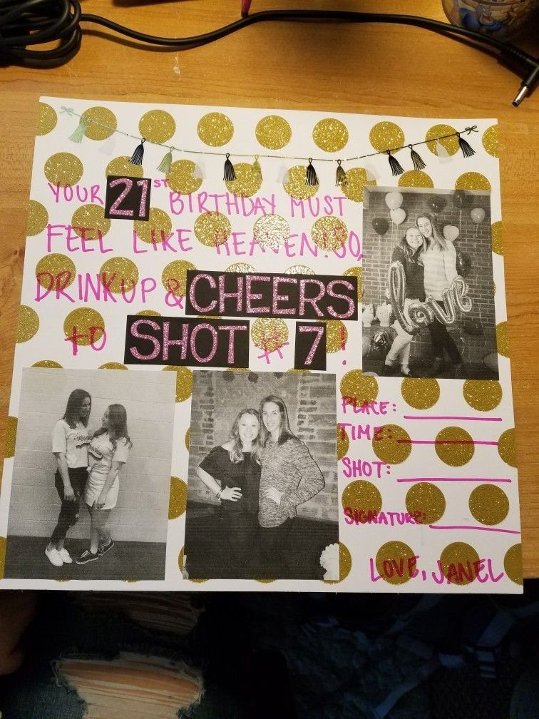 Scrapbook page with gold glitter dots, black and white photos, and pink handwriting.