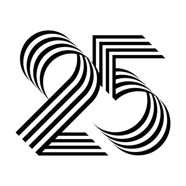 Number 25 created with black and white parallel curved lines on white background