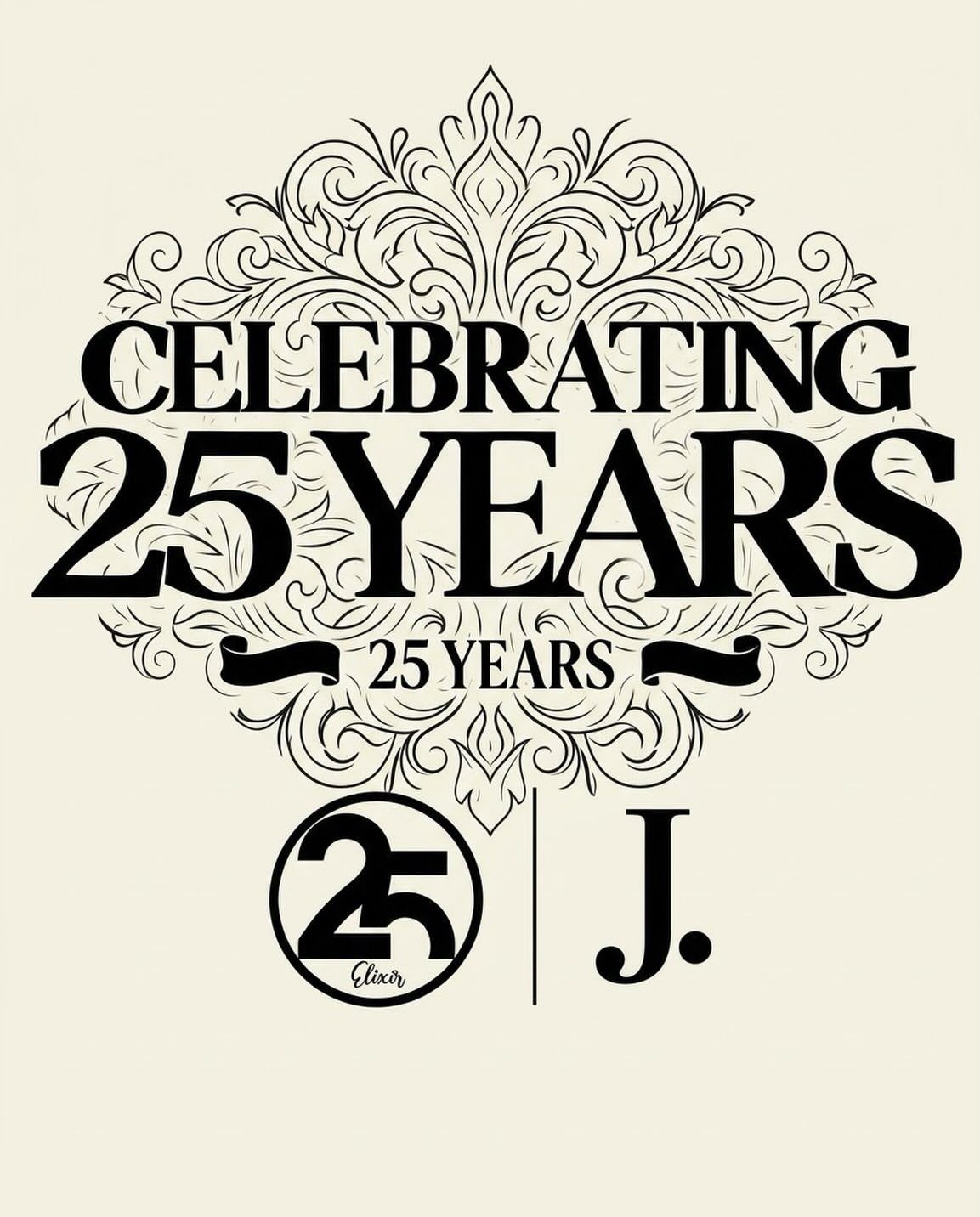 Ornate black and white anniversary logo celebrating 25 years with decorative flourishes.
