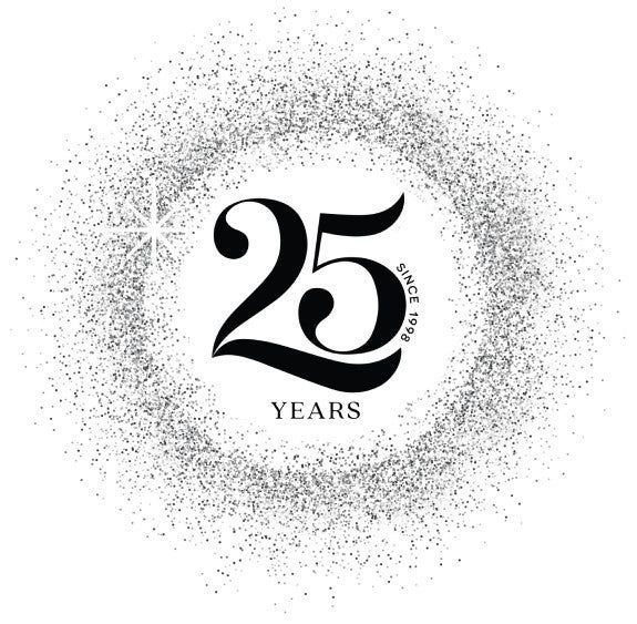 Black number 25 anniversary logo surrounded by a circular silver glitter spray.