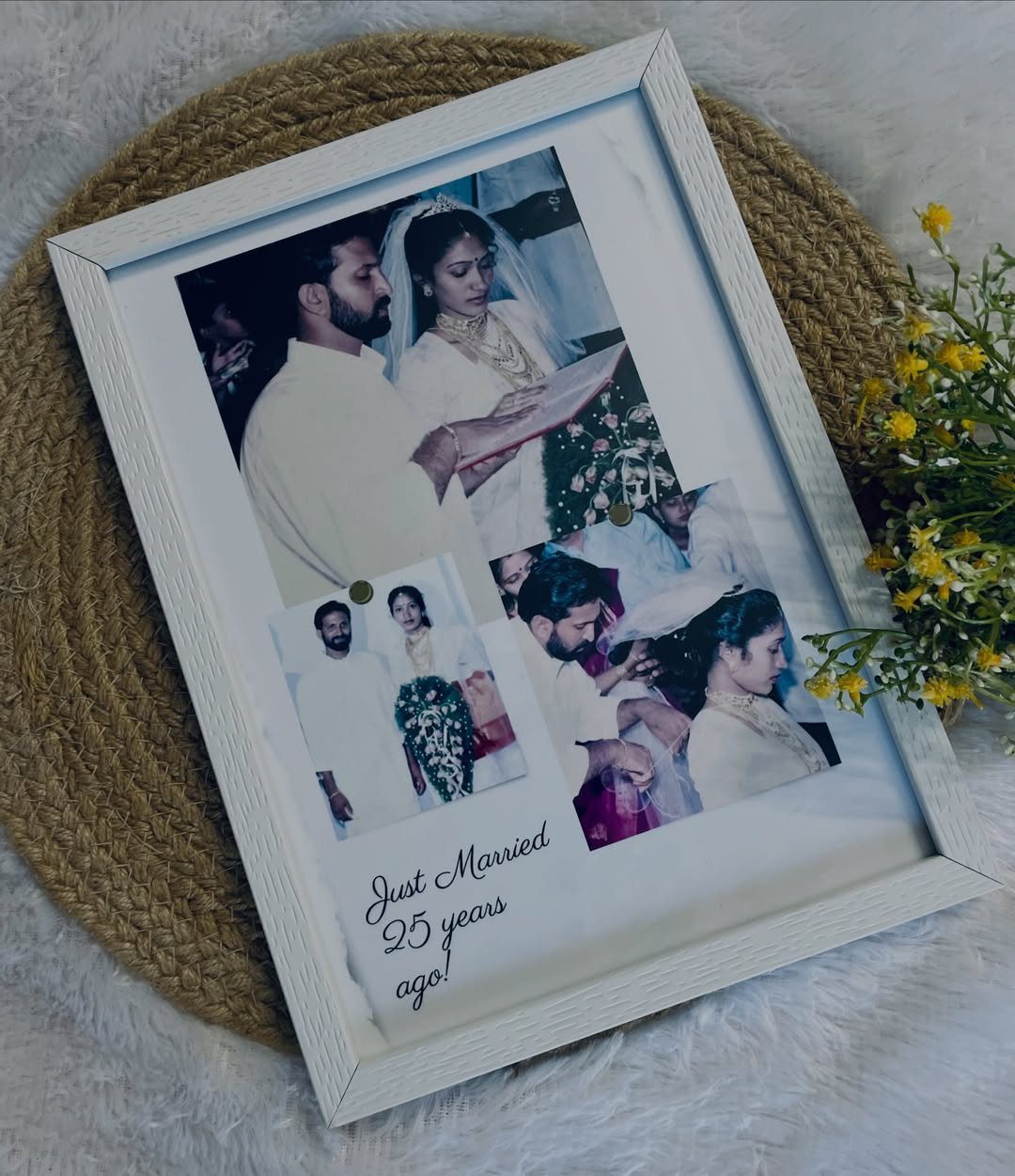 White picture frame with wedding photo collage and 25th anniversary text on fur.