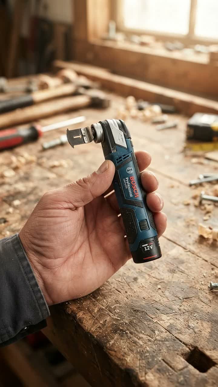 Hand holding a blue Bosch oscillating multi-tool over a dusty wooden workbench.
