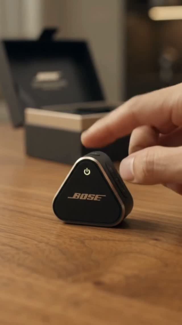 Bose triangular speaker on a wooden table with a hand reaching toward it
