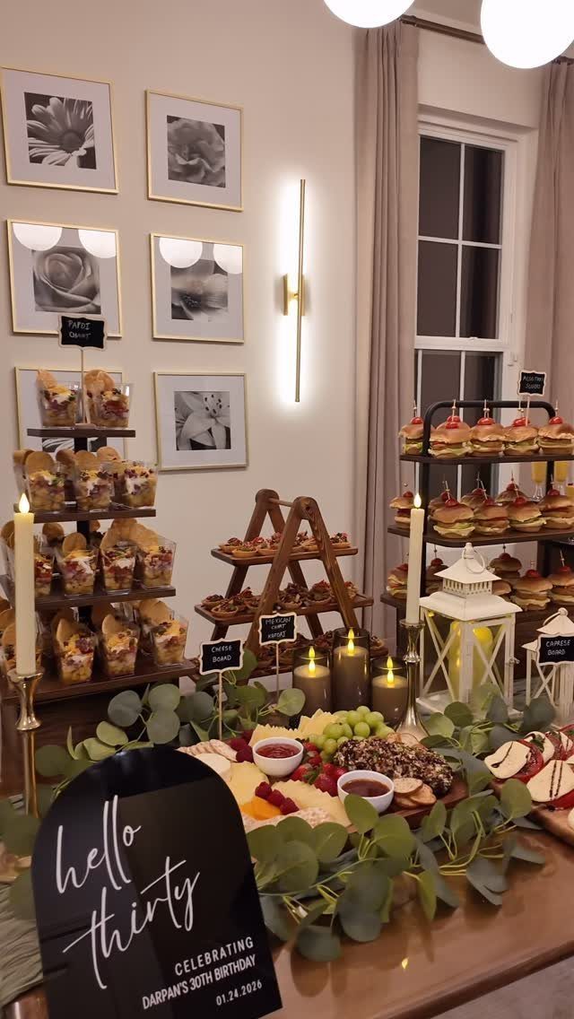 Lavish birthday food spread with charcuterie, sliders, and a hello thirty sign.