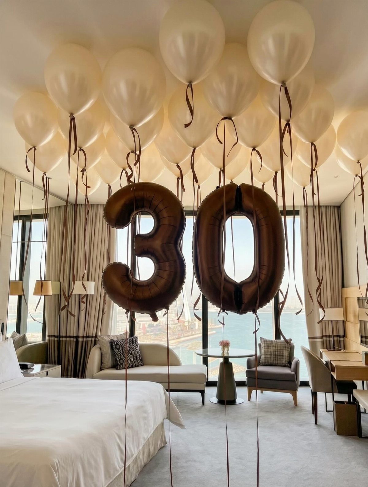 Bronze number 30 balloons and cream balloons decorating a luxury hotel room.