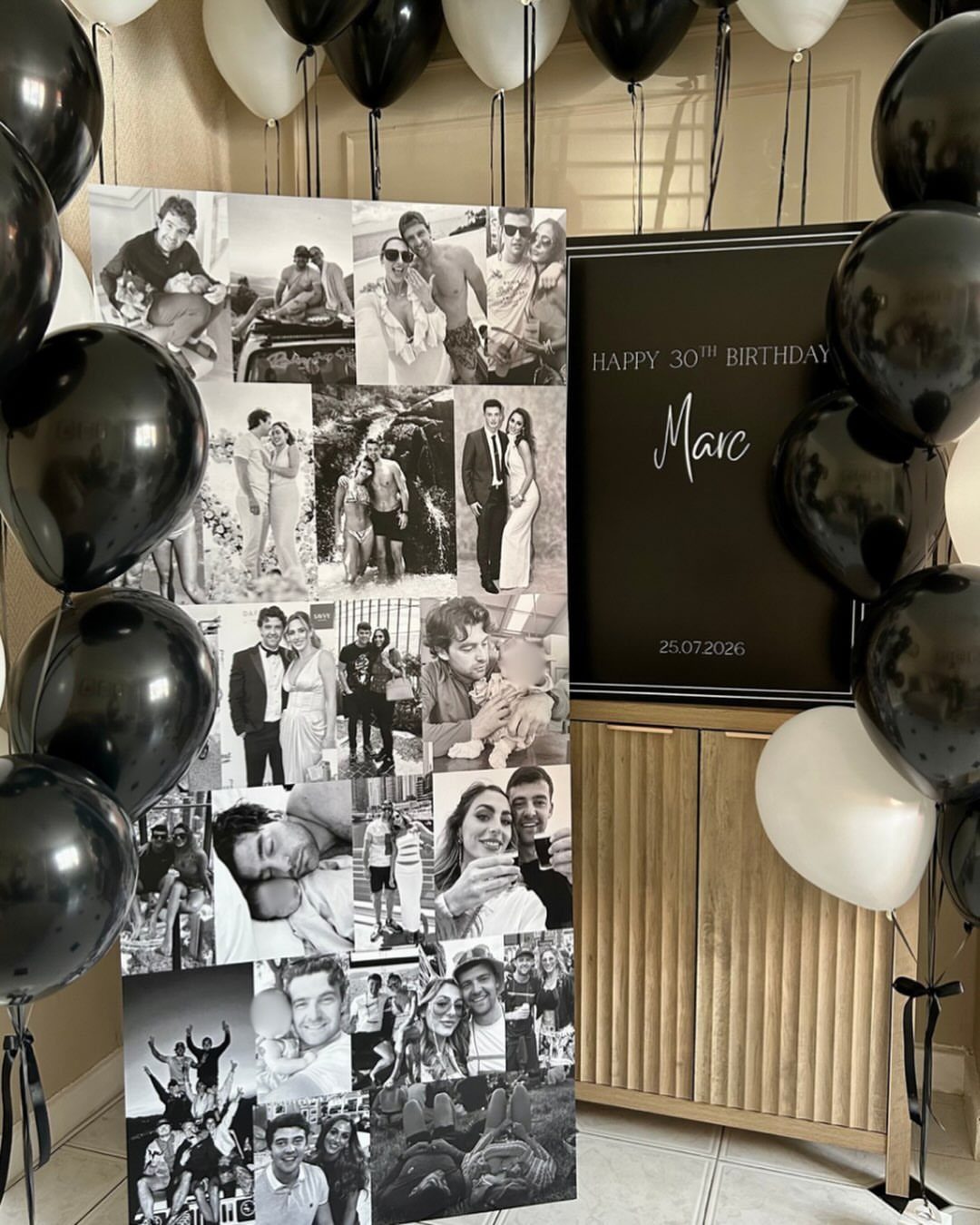 Black and white photo collage and chalkboard sign for Marc's 30th birthday party.
