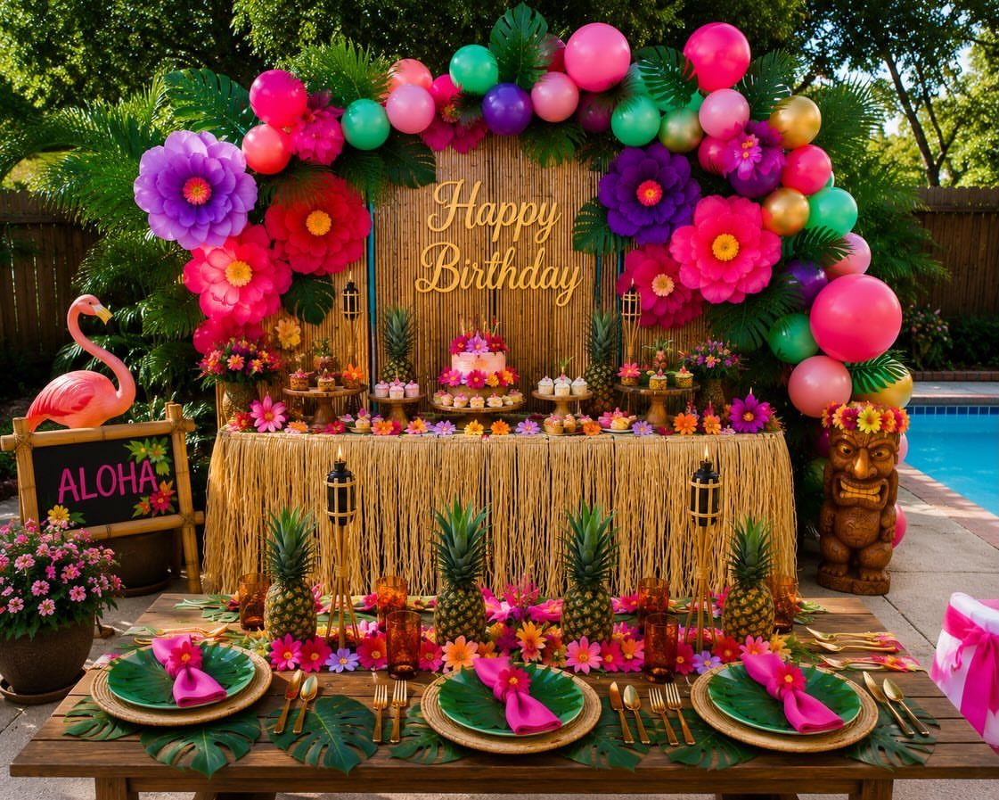 Tropical luau birthday party setup with grass table, colorful balloons, and tiki decor.