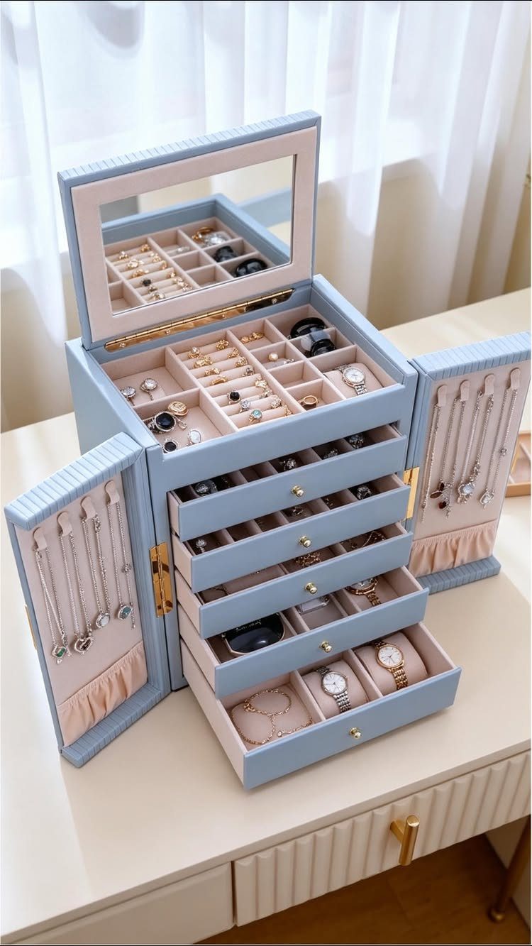 Light blue jewelry organizer box with open drawers filled with rings and watches.