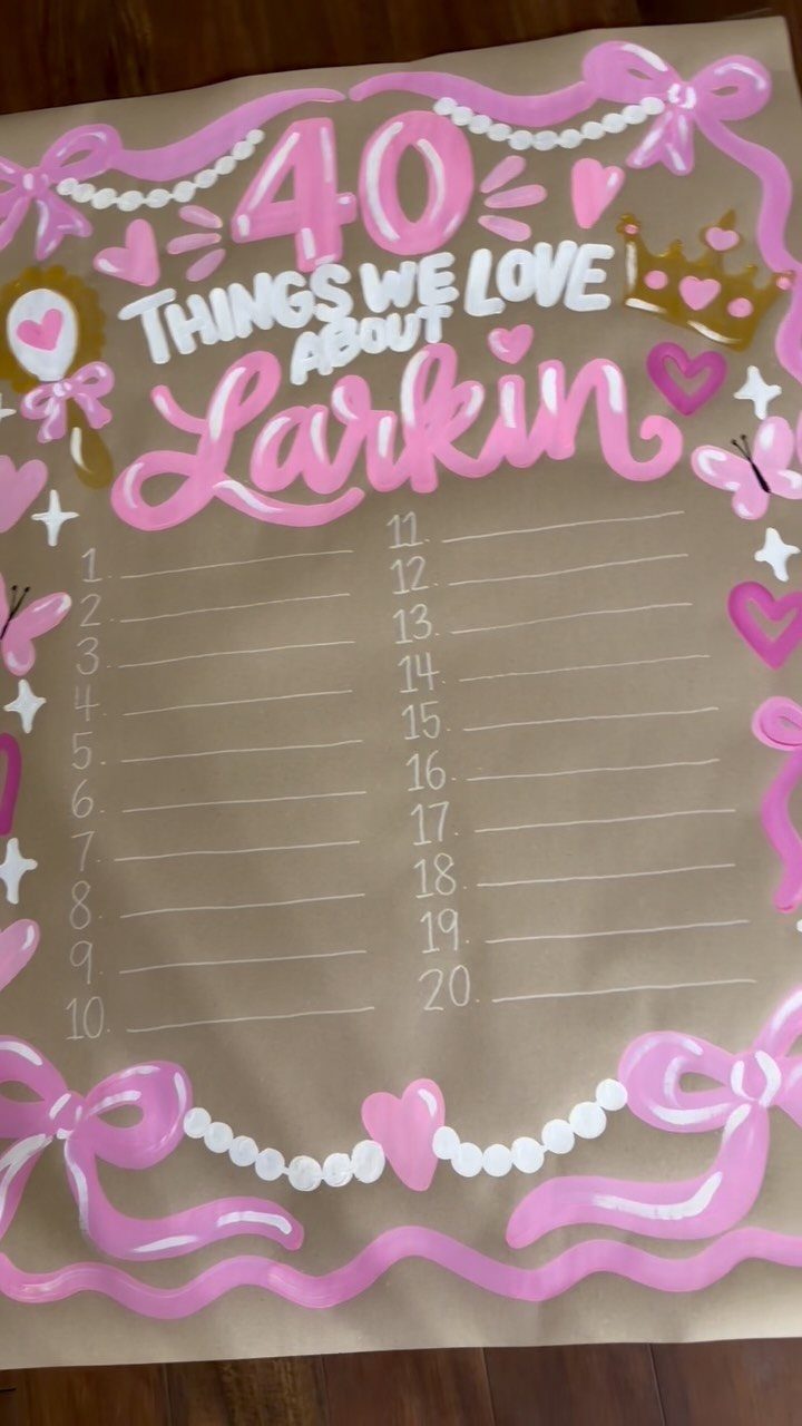 Brown paper poster titled 40 Things We Love About Larkin with pink decorations.