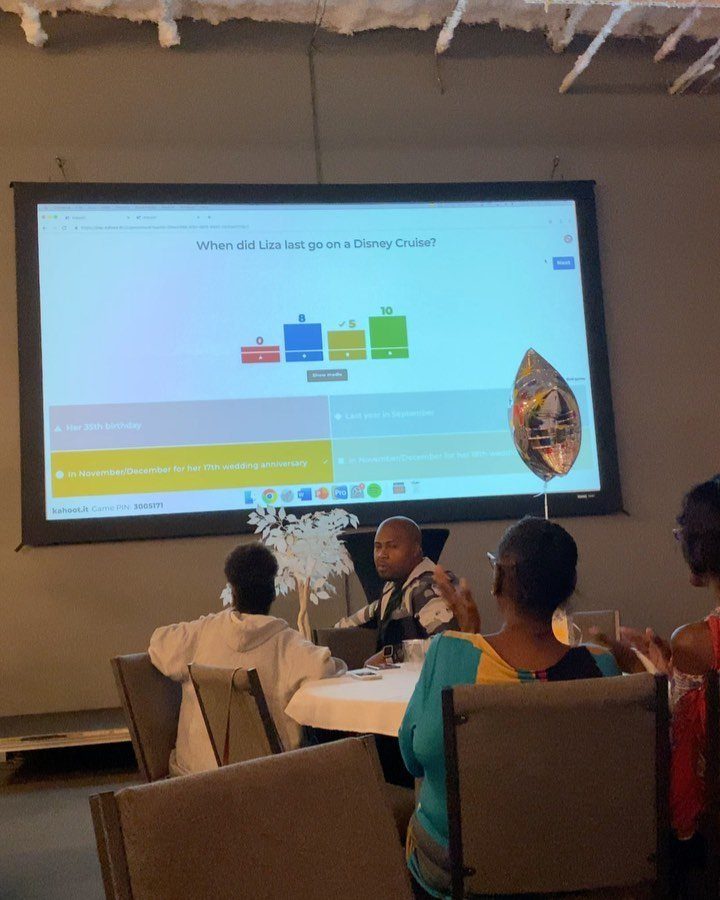 People playing a trivia game projected on a screen during a birthday party.