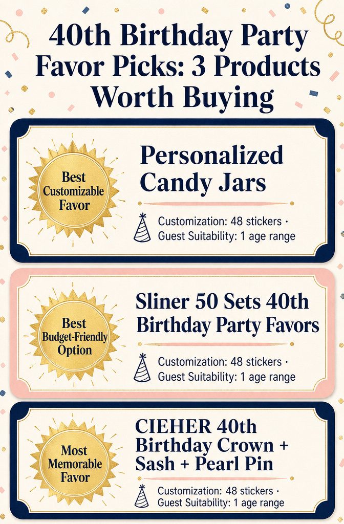 Infographic comparing three birthday party favor products with titles and images