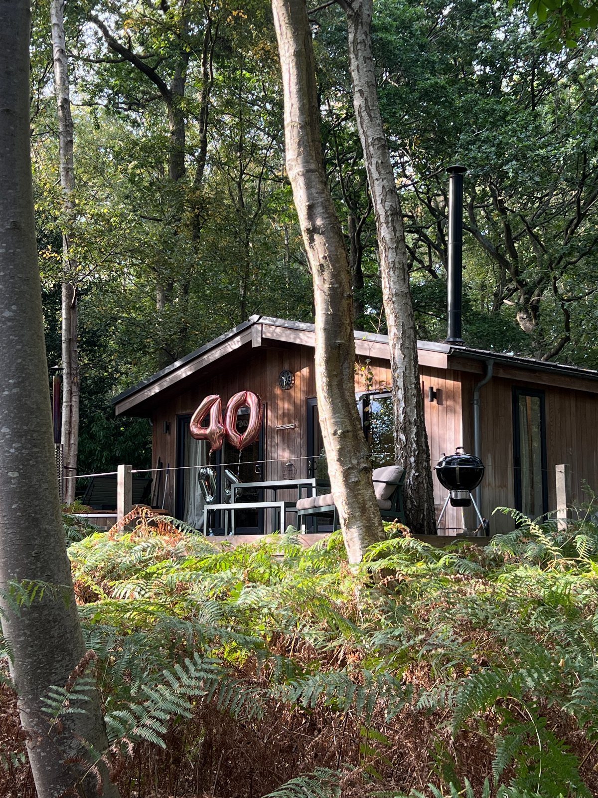 Wooden cabin in a forest with rose-gold 40 balloons on the wall.