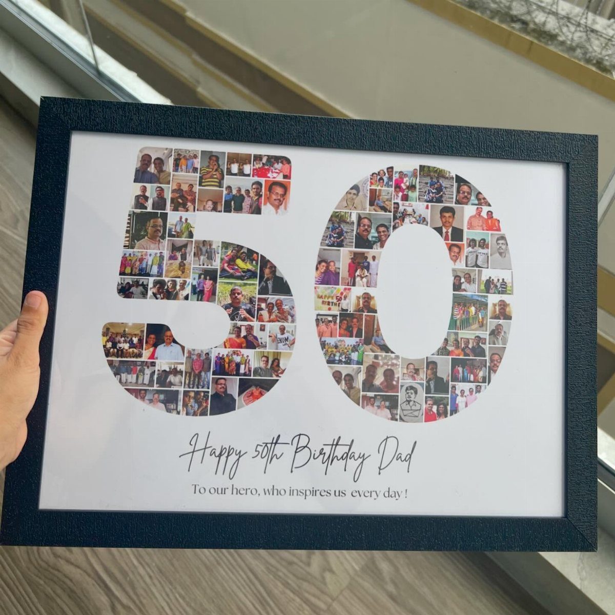 Framed 50th birthday gift for dad featuring a photo collage in the number 50