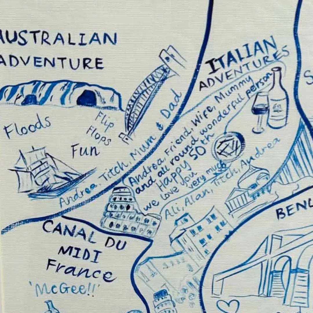 Hand-drawn blue ink travel map on white fabric celebrating a 50th birthday.