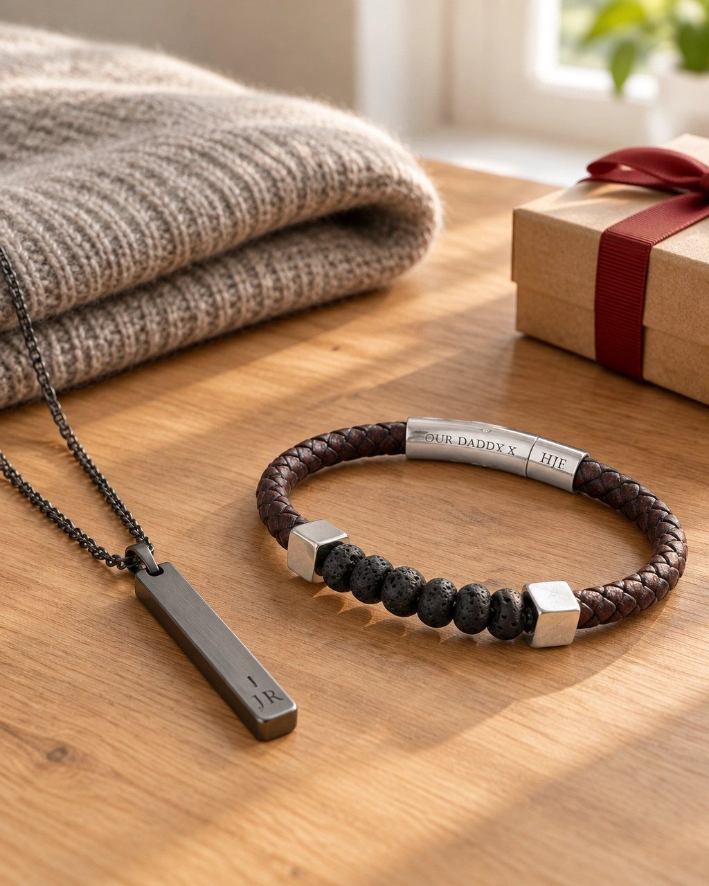 Leather bracelet and pendant necklace on a wooden table next to a gift.