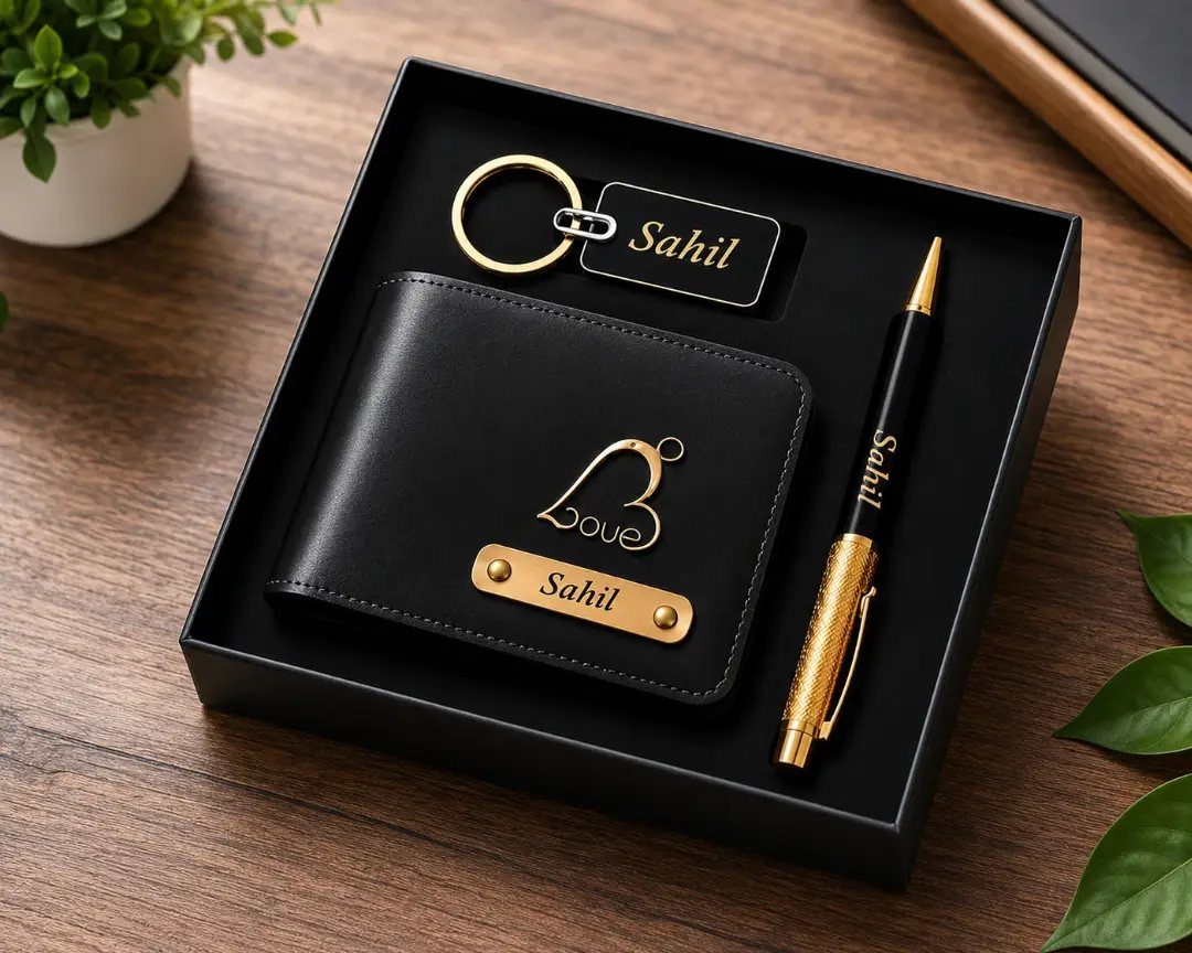 Black leather wallet, keychain, and pen set personalized with the name Sahil.