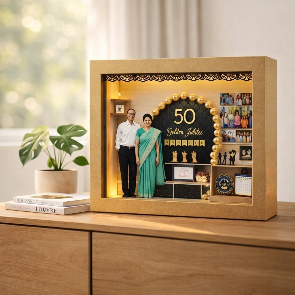 Gold shadow box anniversary gift featuring a couple's cutout and Golden Jubilee text.