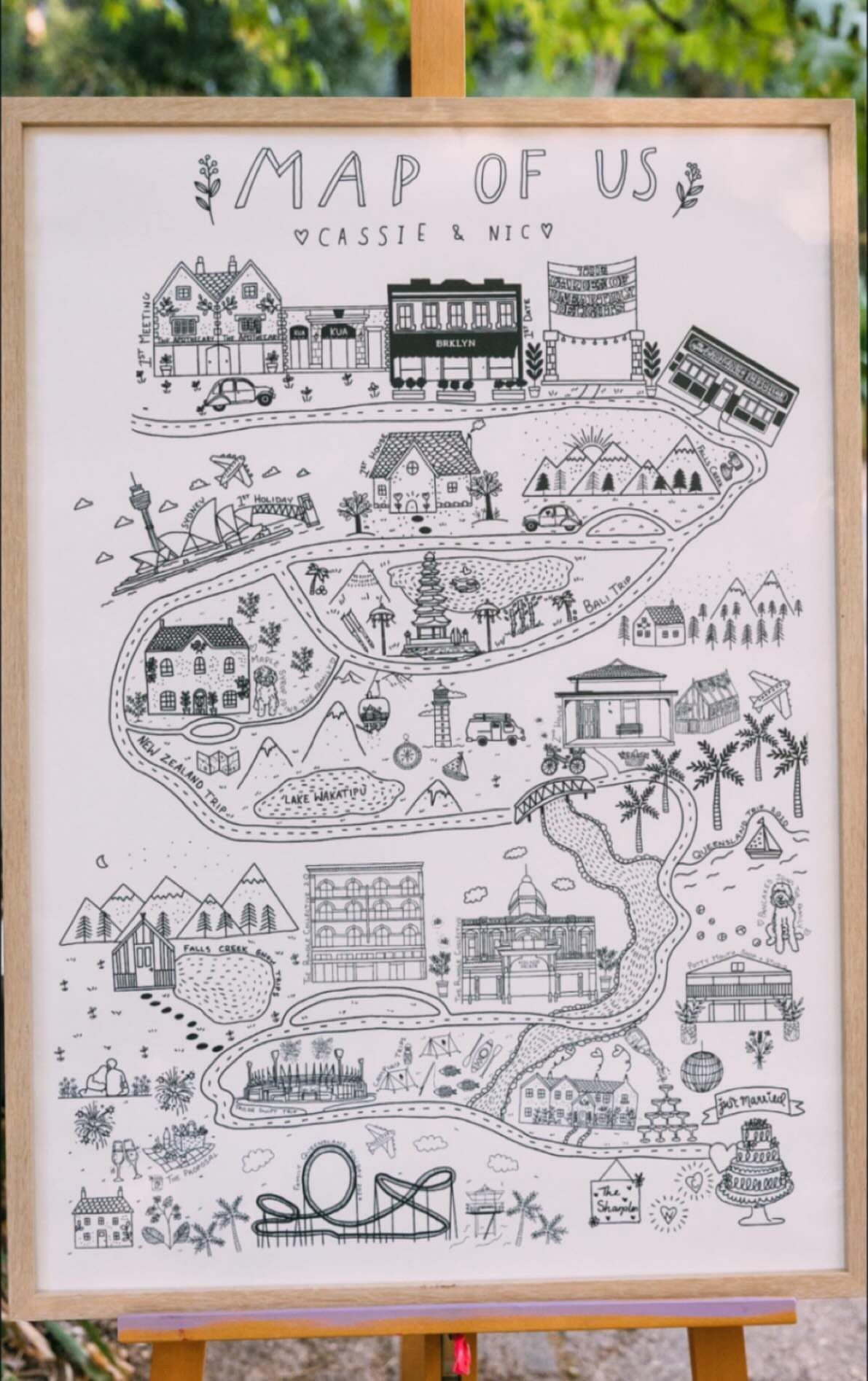 Framed black and white illustrated map of significant locations on a wooden easel.