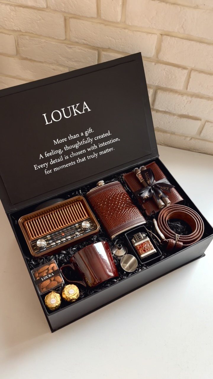 Brown themed men's gift set in a black box with retro radio and leather goods