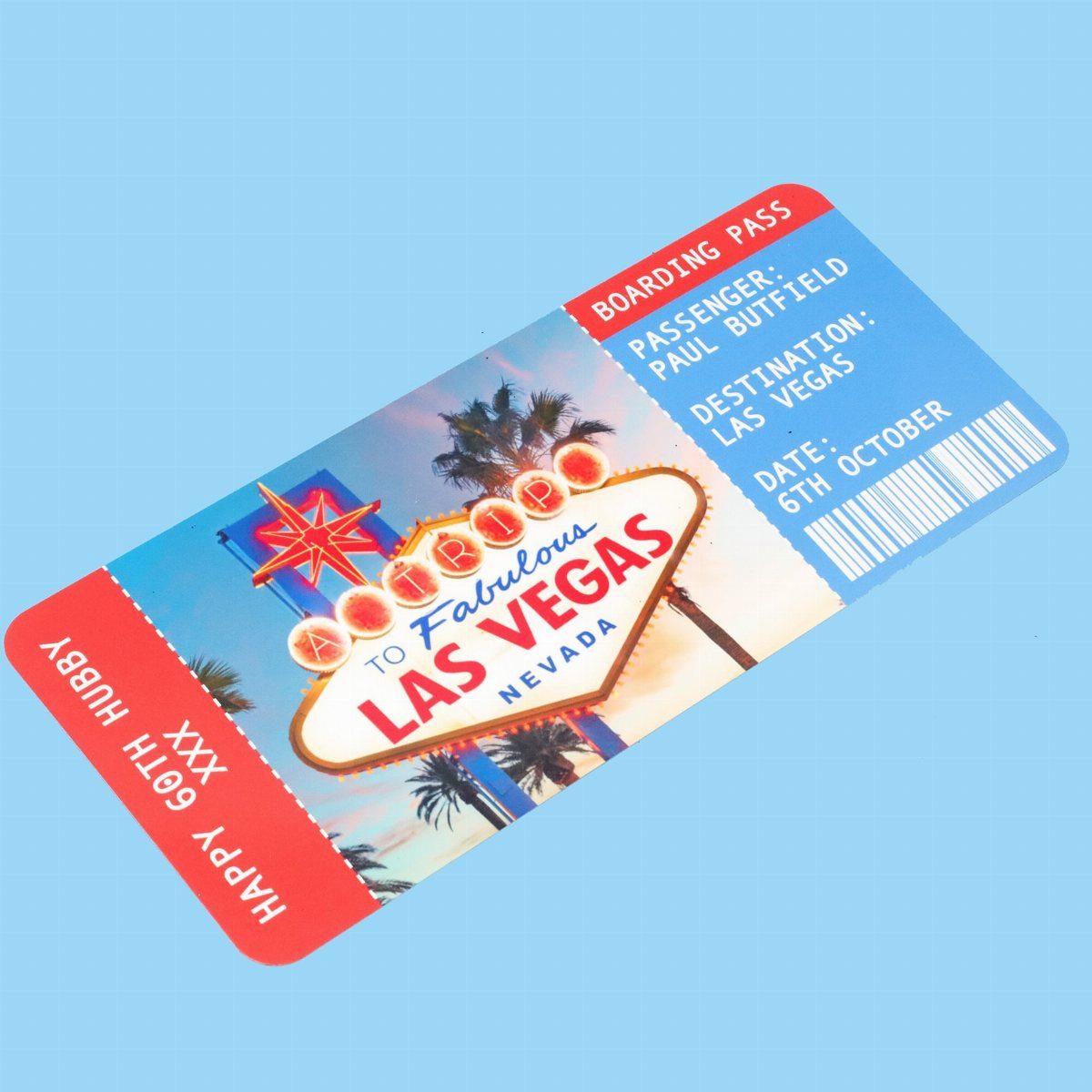 Custom boarding pass gift voucher for a 60th birthday trip to Las Vegas