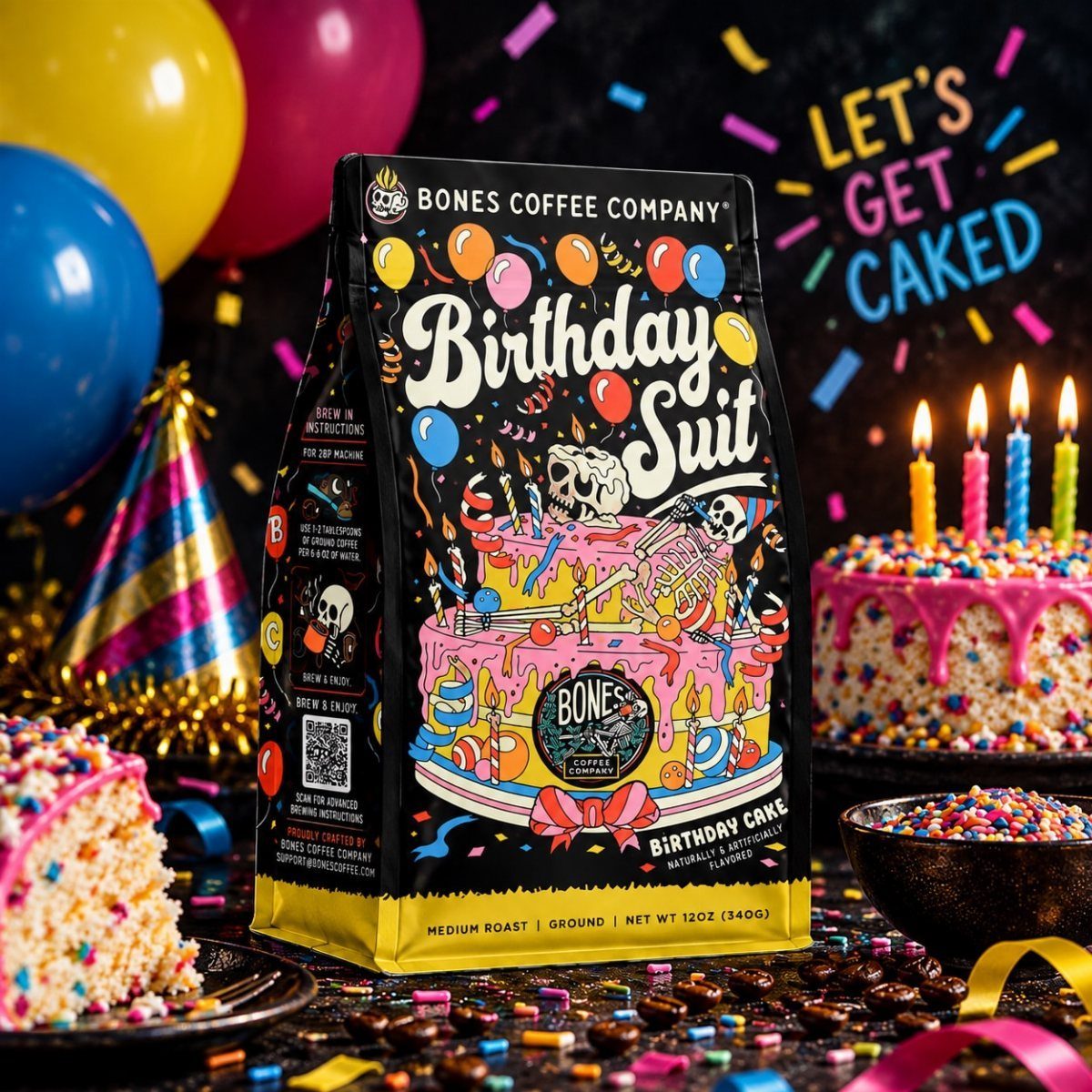 Bones Coffee Company birthday blend bag surrounded by cake, balloons, and colorful confetti.