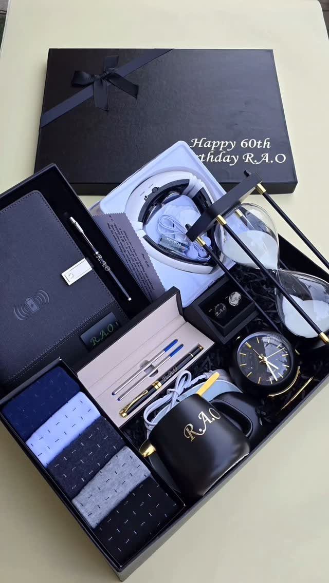 Black 60th birthday gift set for men with watch, wallet, and accessories