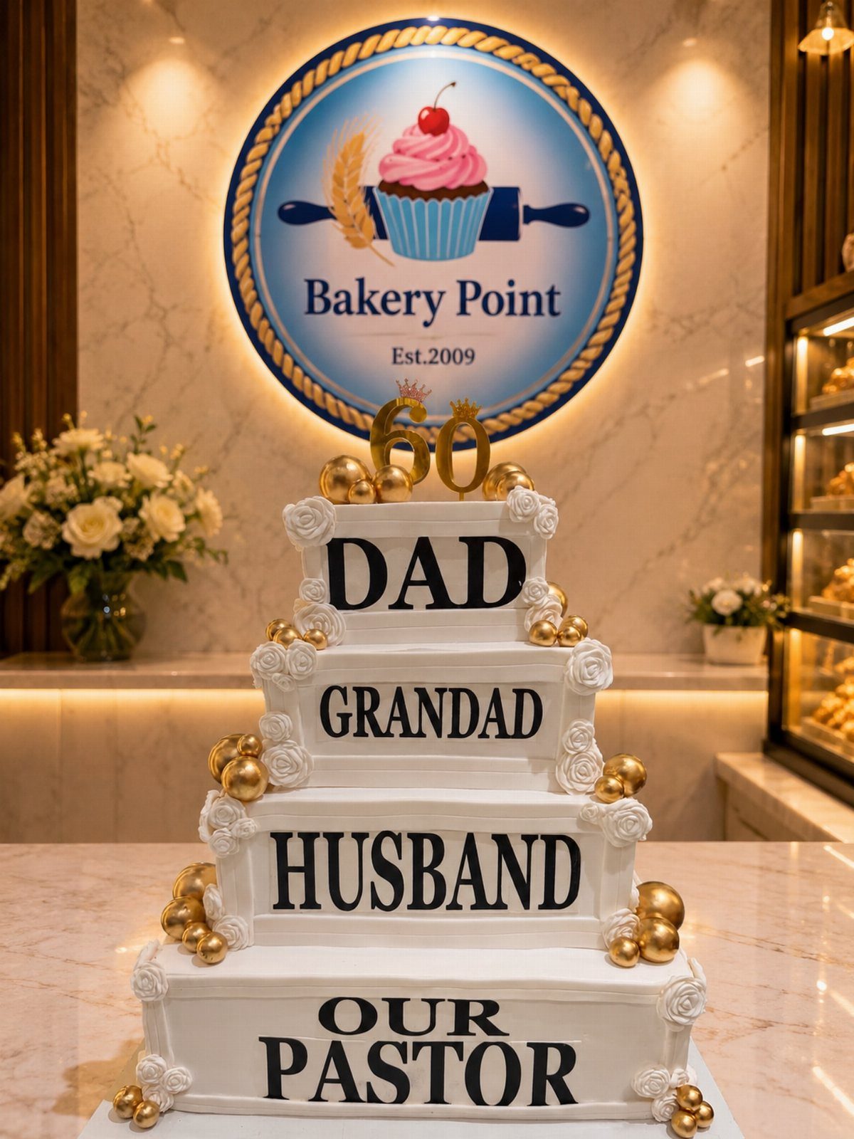Four-tier white birthday cake for a 60th birthday with titles for dad and pastor.