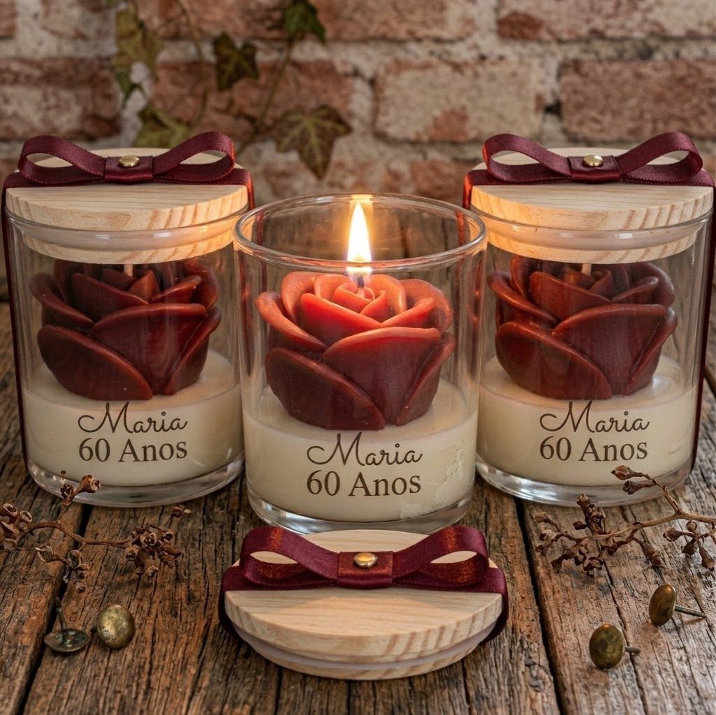 Three personalized candles with red wax roses and 60th birthday labels on wood.
