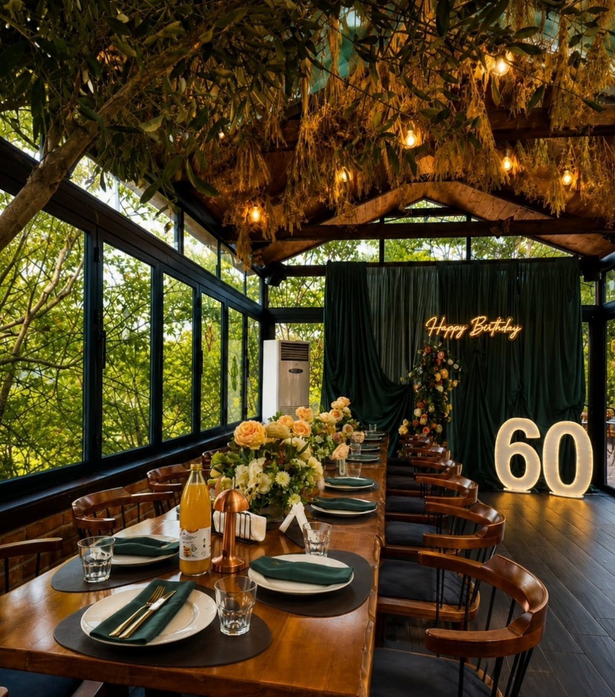 Dining table set for a 60th birthday party with green curtains and neon signs.