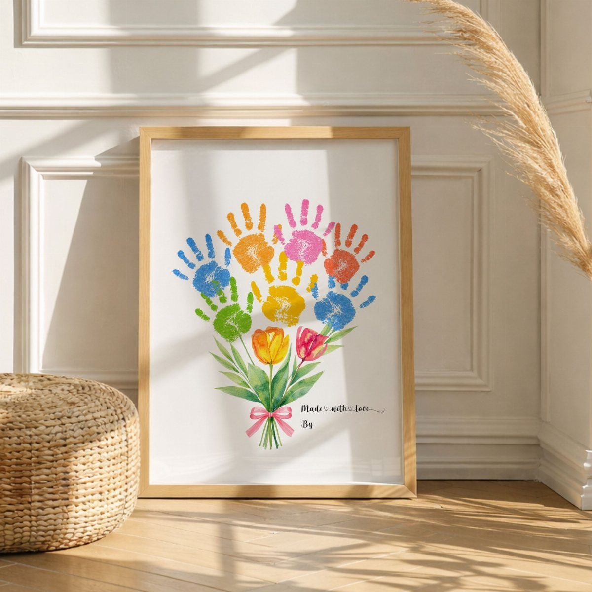 Framed handprint art bouquet with colorful prints and a pink bow on wooden floor