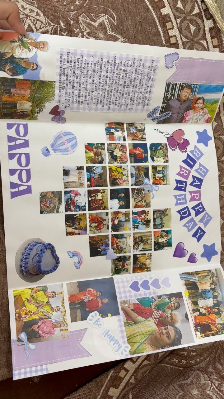 Handmade birthday scrapbook for Pappa featuring family photos, a letter, and purple decorations.