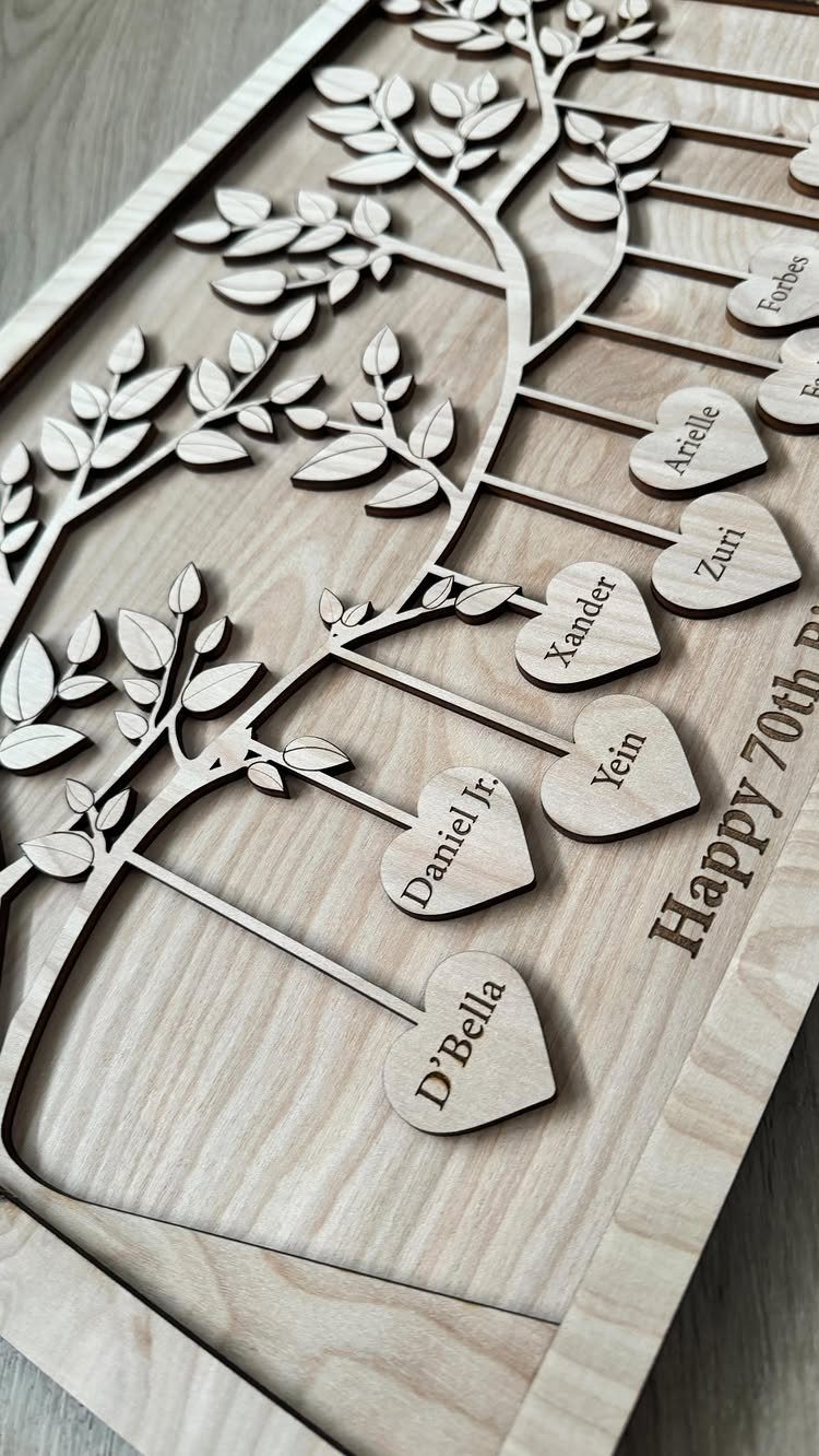Wooden family tree carving with heart-shaped name plaques and Happy 70th engraving.
