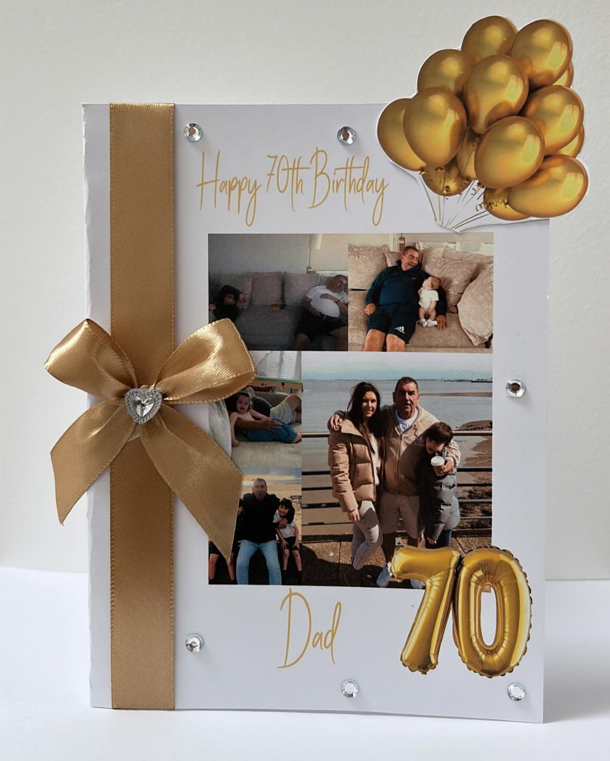 Birthday card for dad's 70th birthday with family photos and gold decorations.